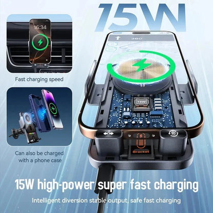2-in-1 Car Phone Holder & Wireless Charger – 360° Rotation Strong Grip